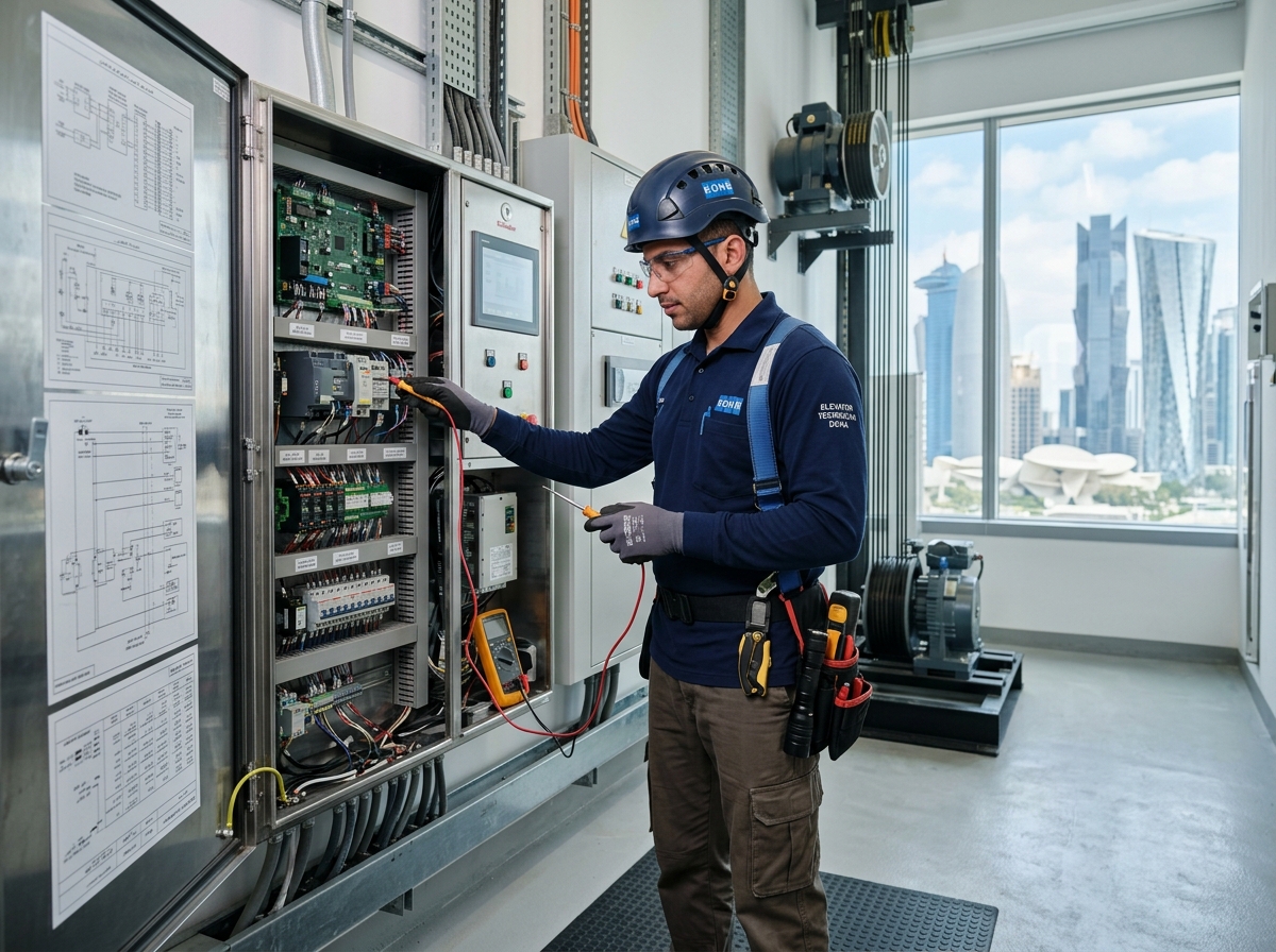 Qatar certified elevator engineering staff preparing complex calibrations on a control elevator panel